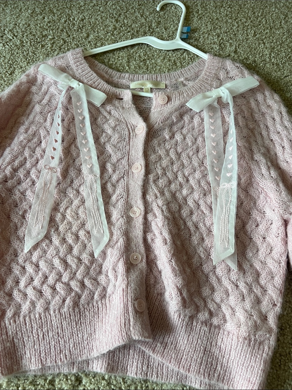 LoveShackFancy Soft Pink Cable-Knit Bow Detail Women's Cardigan